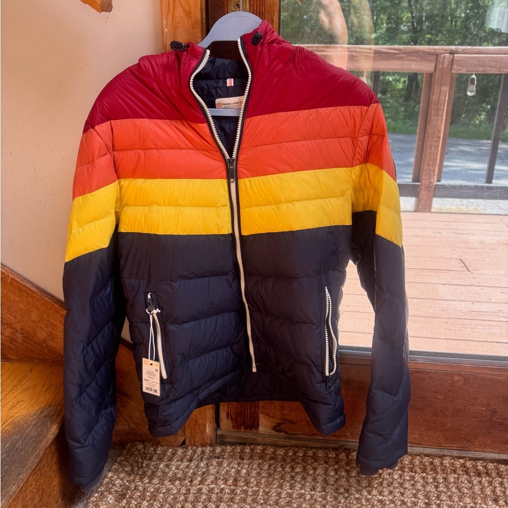 Marine Layer Men’s Colorblock Hooded Puffer Jacket — Red, Orange, Yellow, Blue